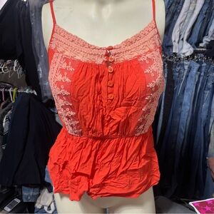 Lace Embroidered Hot Coral Camisole Fitted Waist Button Up Adjustable Iris Basic